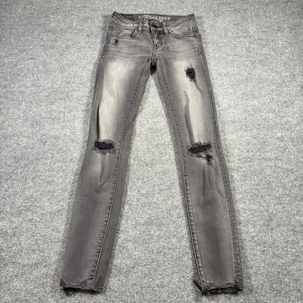 American Eagle Super Low Jegging Jeans Womens 00 Gray Distressed Skinny Stretch